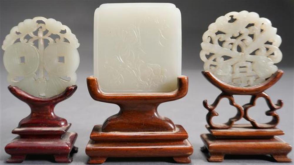 CHINESE CELADON JADE PLAQUE AND TWO