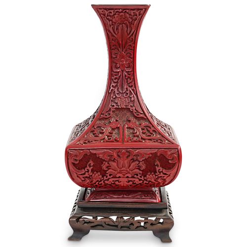 CHINESE CINNABAR CARVED VASE W/
