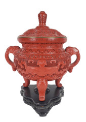 CHINESE CINNABAR LIDDED CENSOR