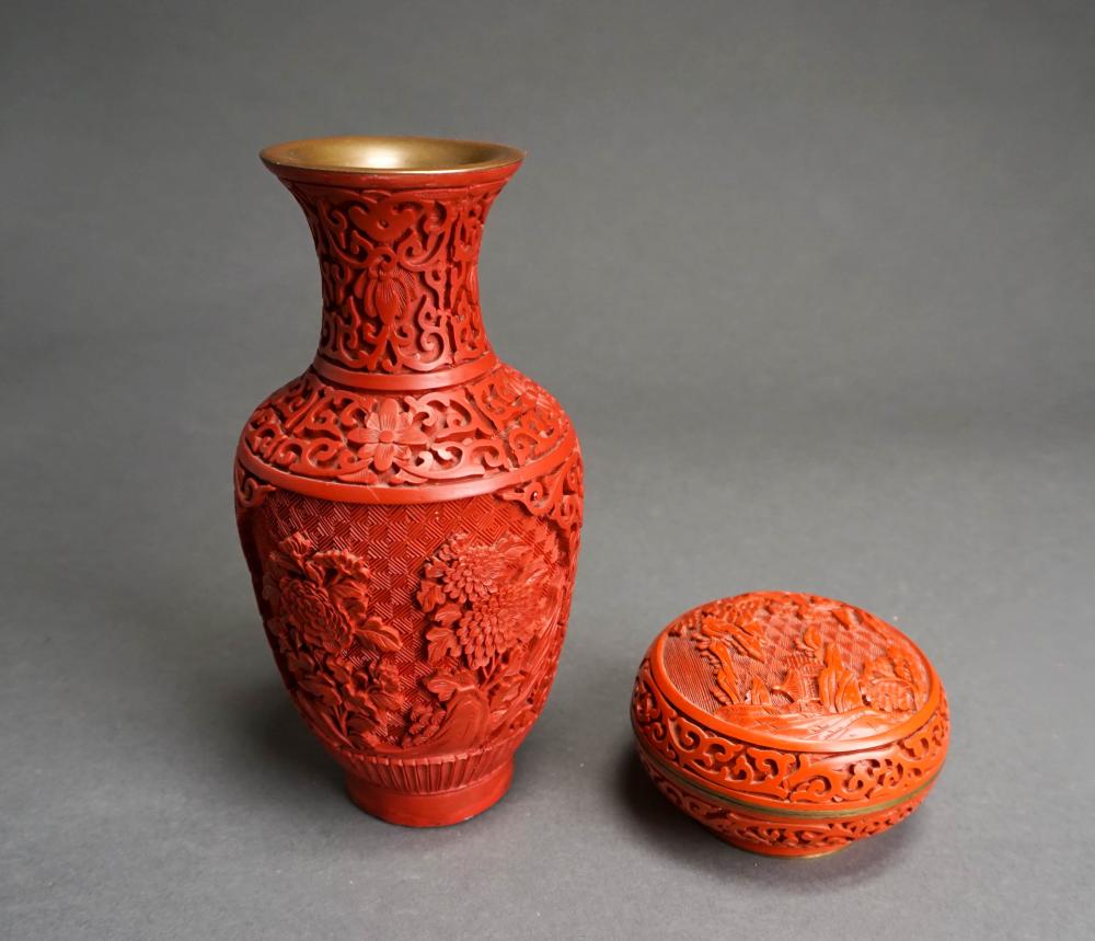 CHINESE CINNABAR VASE, COVERED