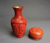 CHINESE CINNABAR VASE, COVERED