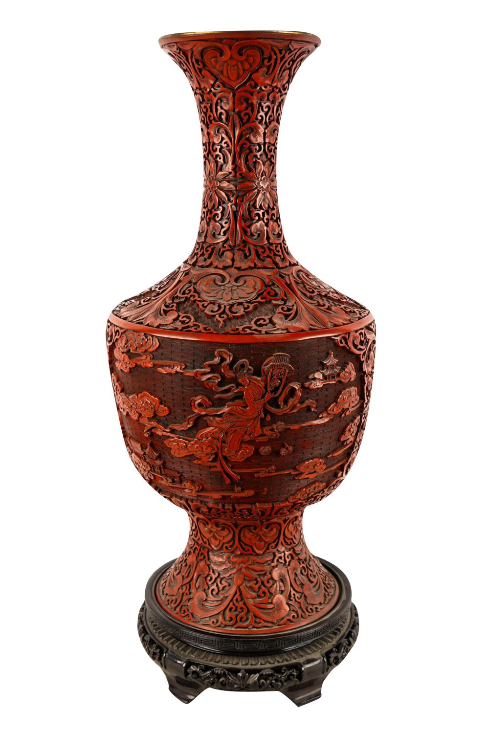 CHINESE CINNABAR VASEcarved to each