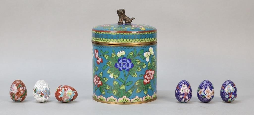 CHINESE CLOISONNE CANISTER & 6