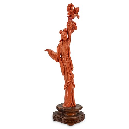 CHINESE CORAL CARVED GUANYIN