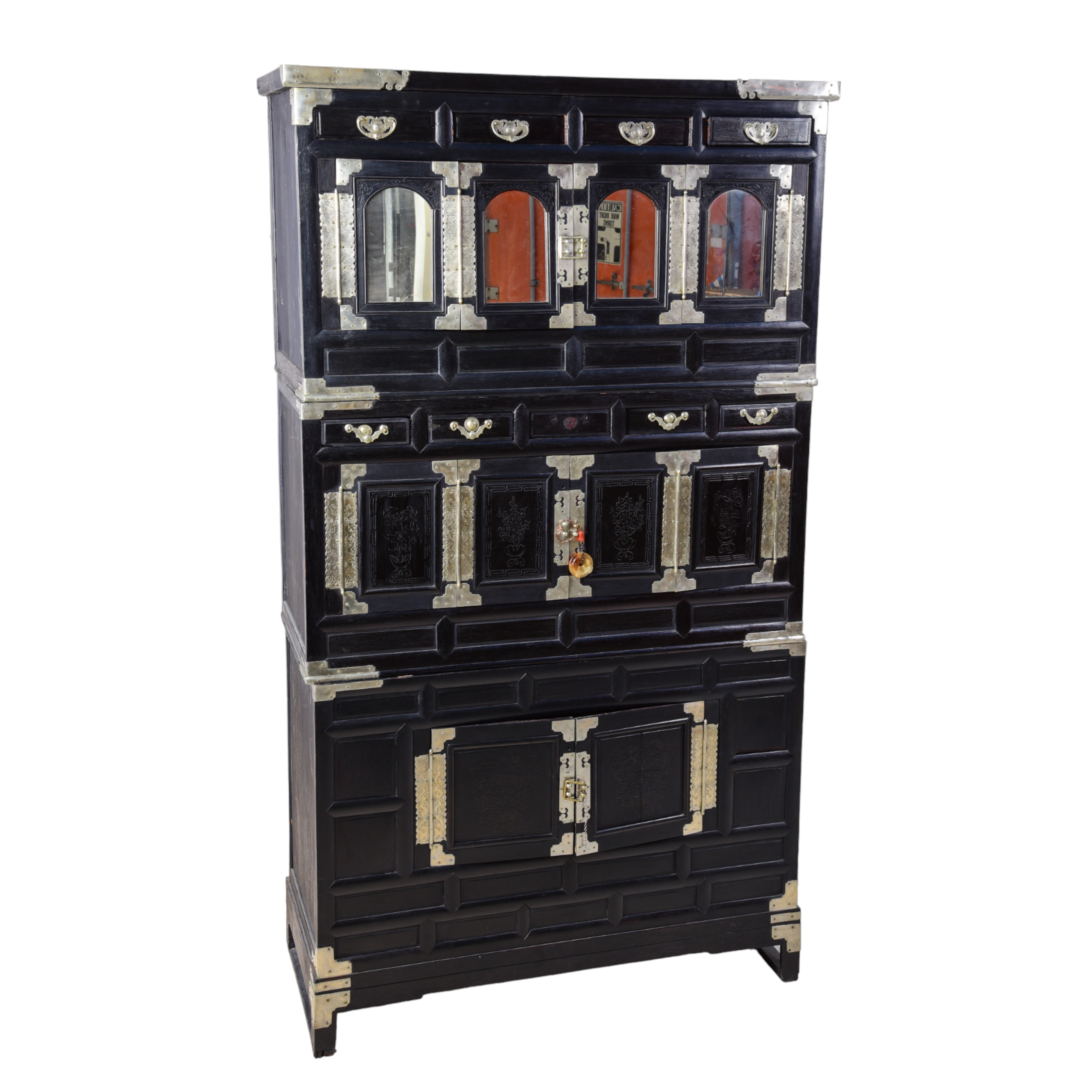 Chinese ebonized 3-pc tansu, top