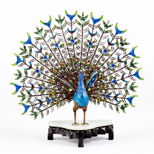 CHINESE ENAMELED SILVER PEACOCK &