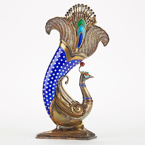 CHINESE ENAMELED SILVER PEACOCK -