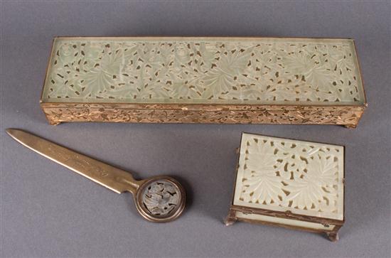 Chinese etched brass and jade