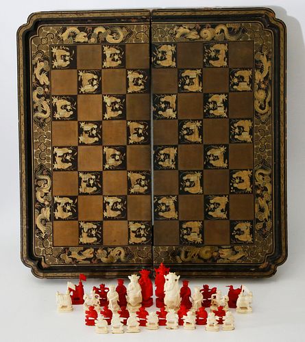 CHINESE EXPORT LACQUERED GAMES BOX,