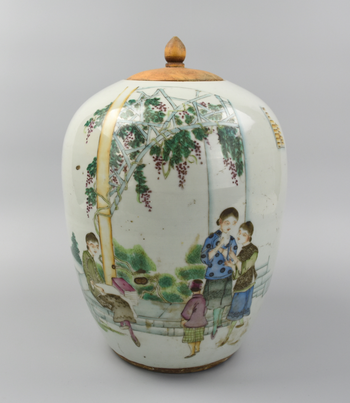CHINESE FAMILLE ROSE JAR & WOOD