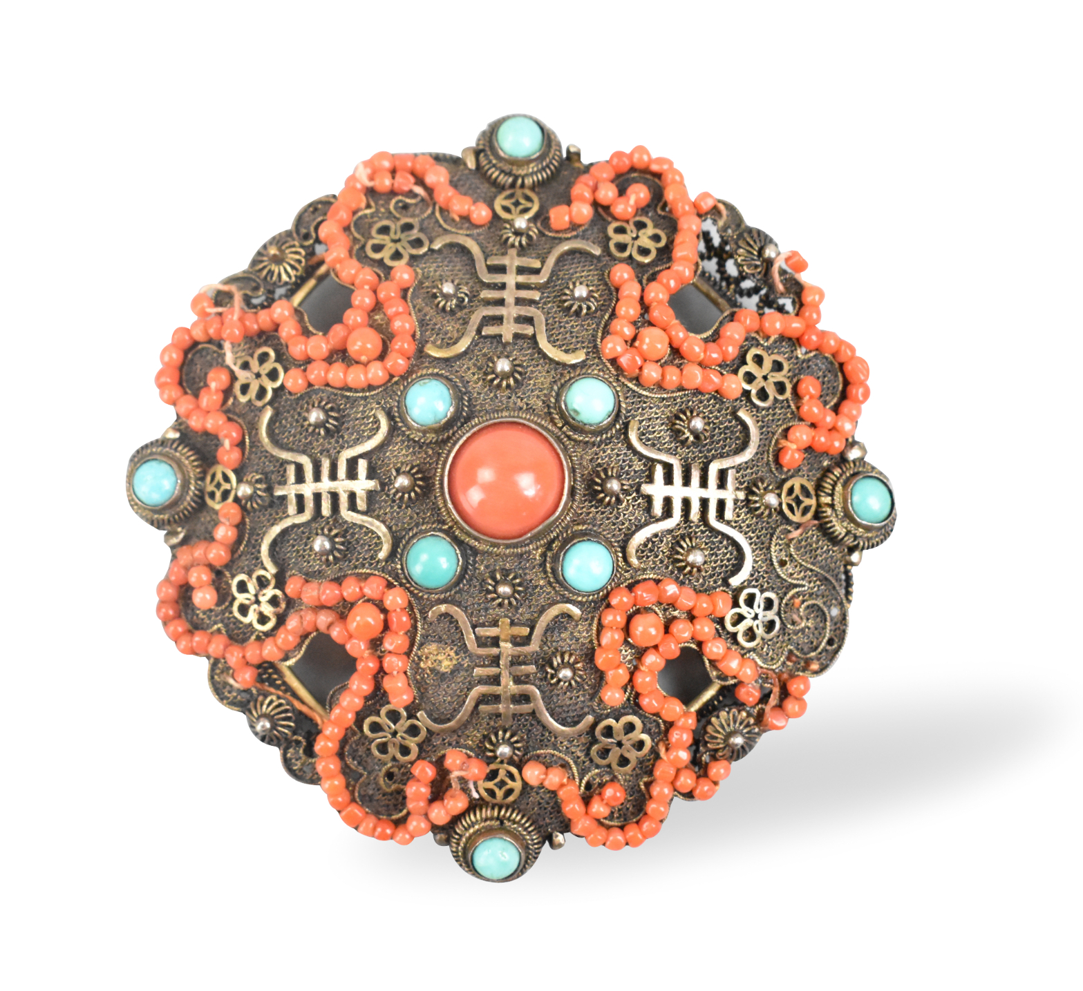 CHINESE FILIGREE SILVER W/CORAL &