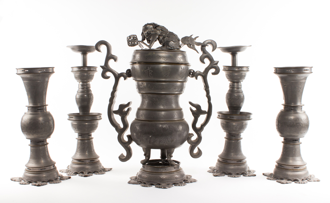CHINESE FIVE-PIECE PEWTER ALTAR SET