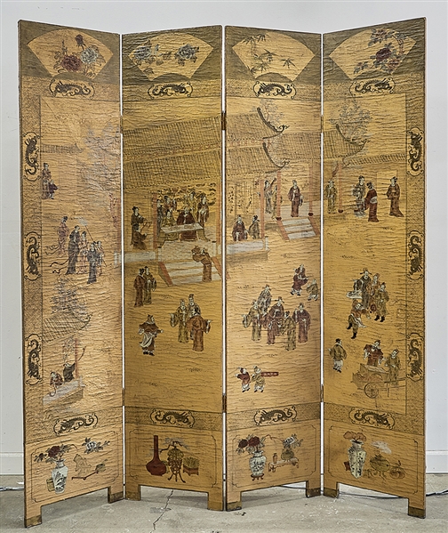 Chinese four-panel painted wood