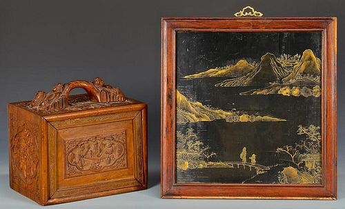 CHINESE GAMING BOX & FRAMED LACQUER