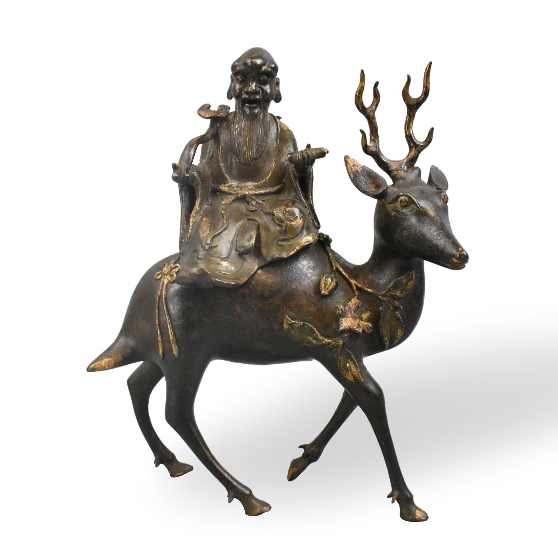CHINESE GILT BRONZE SCHOLAR ON DEER