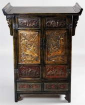 CHINESE GILT CARVED ELM CABINE