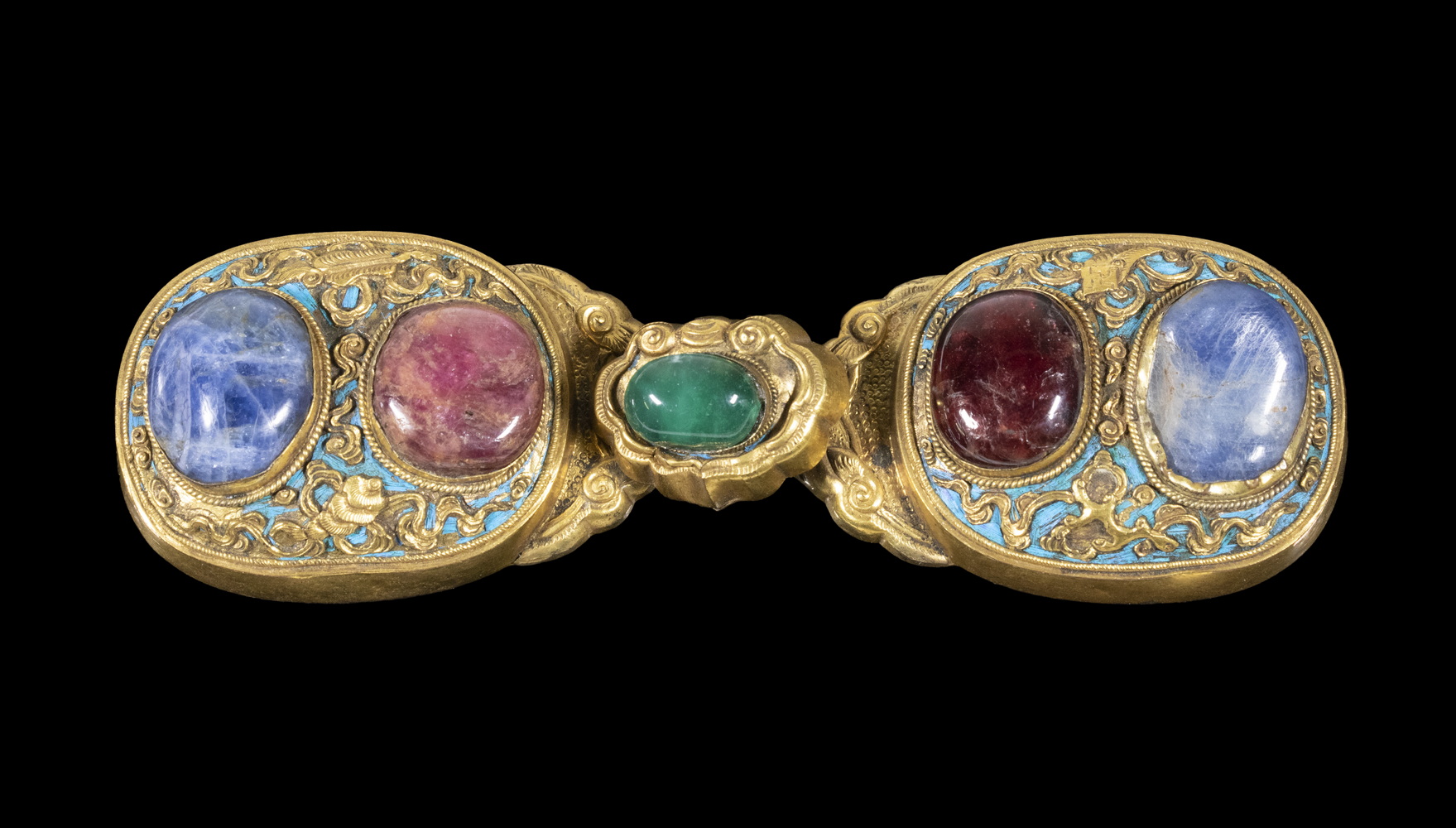 CHINESE GILT COPPER & HARDSTONE