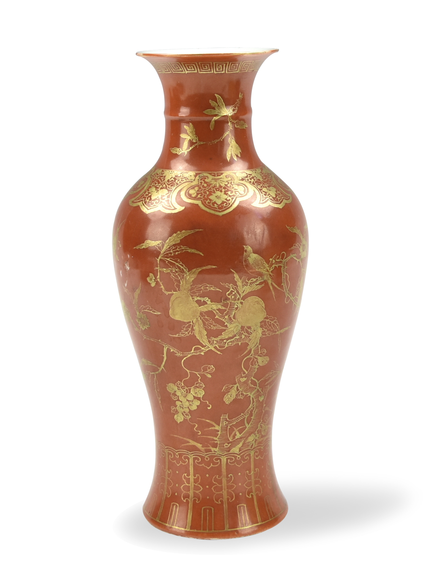 CHINESE GILT CORAL RED VASE W/
