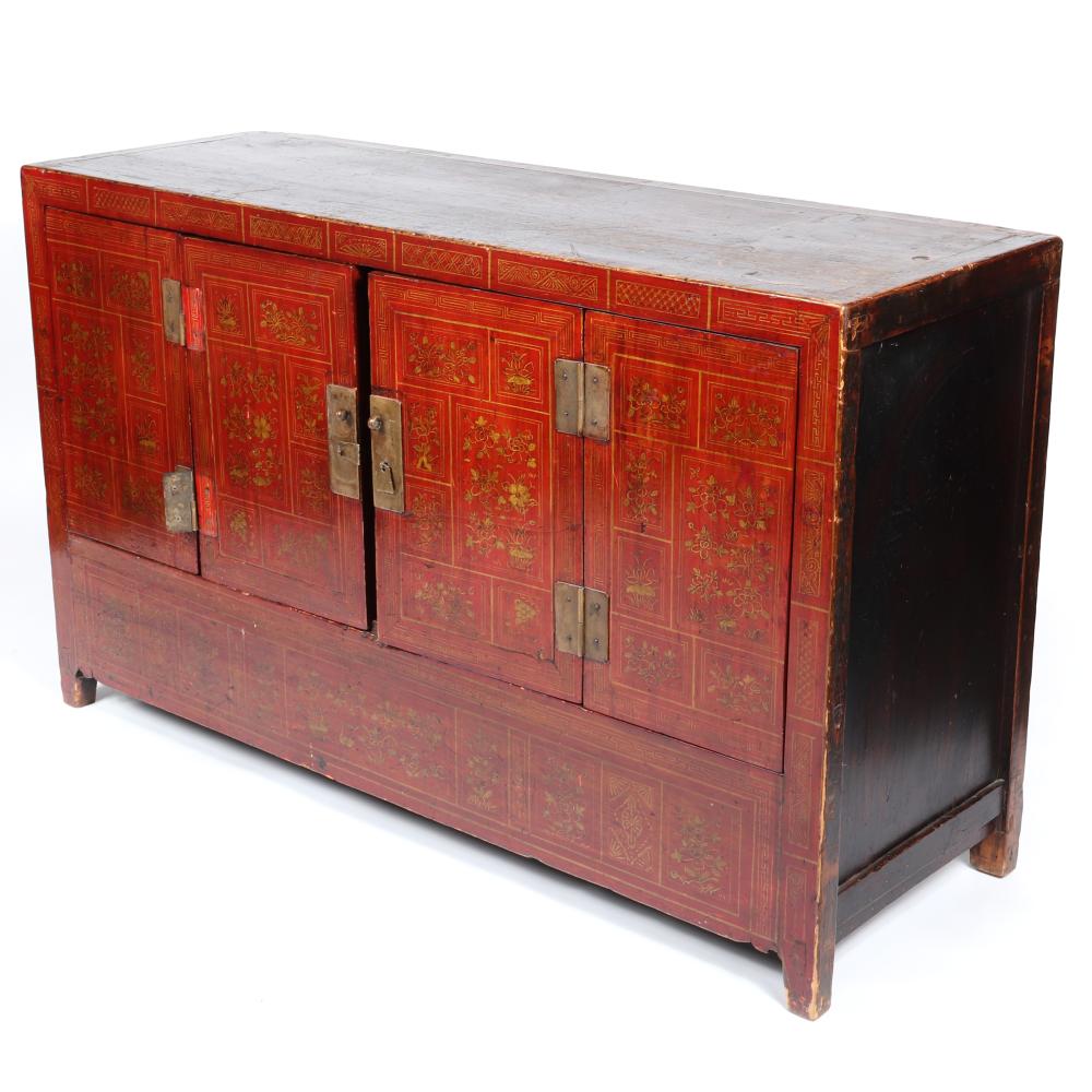 CHINESE GILT DECORATED 4 DOOR RED