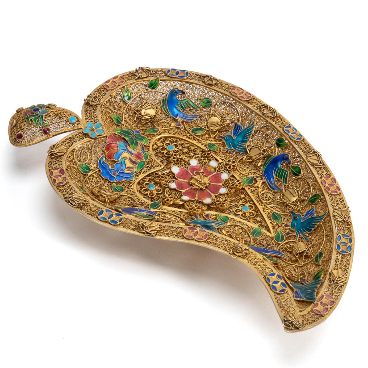 CHINESE GILT FILIGREE & ENAMEL LEAF