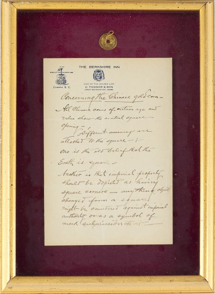 Chinese Gold Coin & Letter by