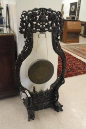 CHINESE GONG, CARVED WOOD STAN