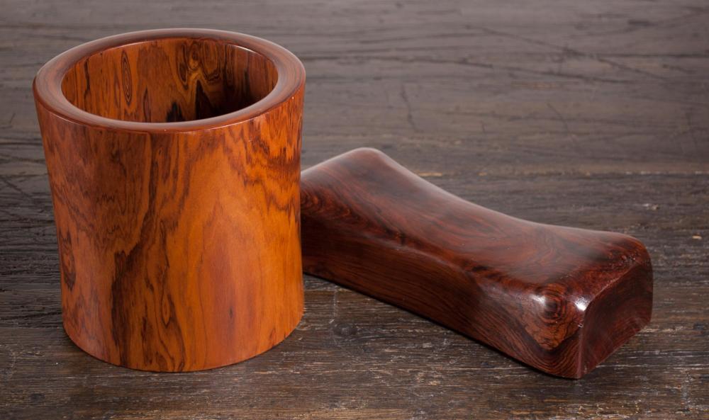 CHINESE HARDWOOD BRUSH POT AND A