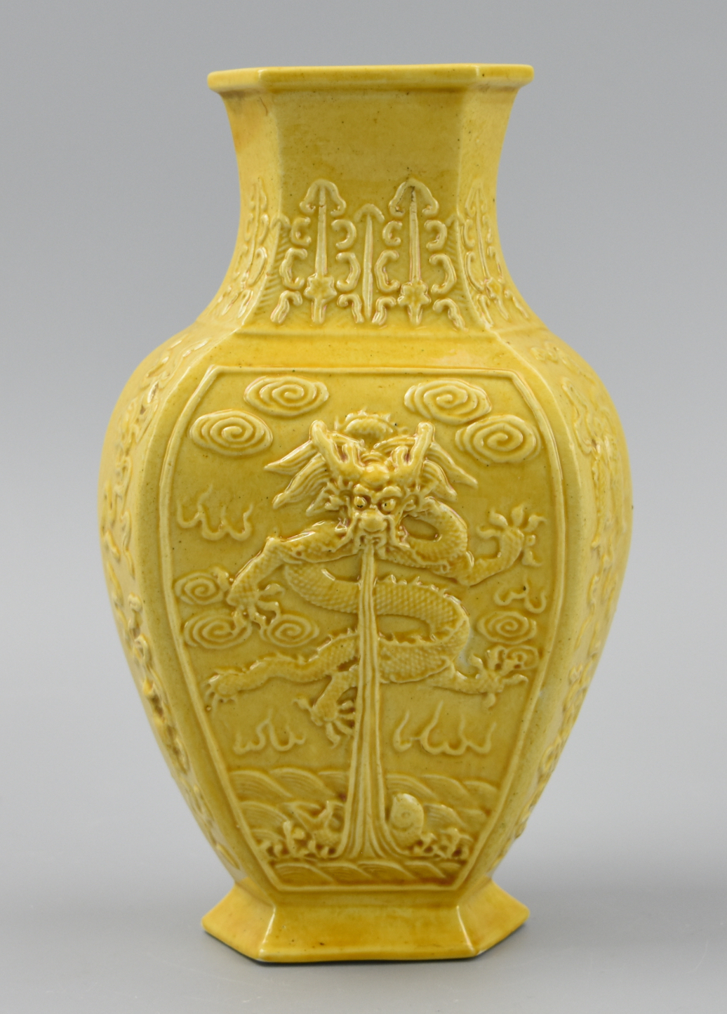 CHINESE HEXAGON YELLOW VASE W/
