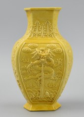 CHINESE HEXAGON YELLOW VASE W/