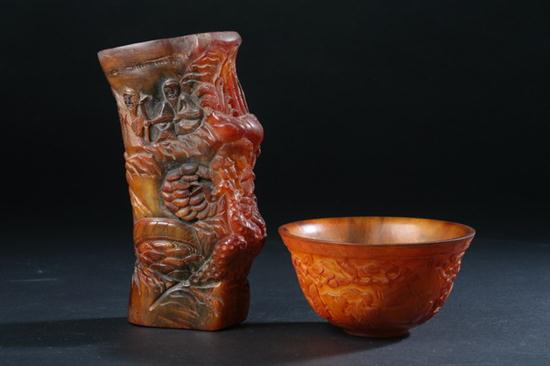 CHINESE HORN BRUSH HOLDER. Carved