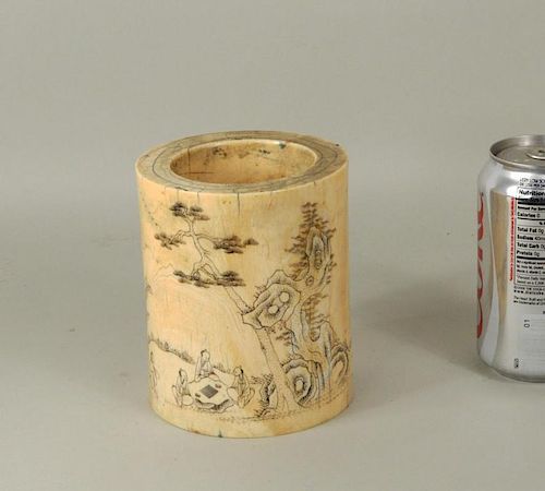 CHINESE IVORY BRUSH POT W/INCISED