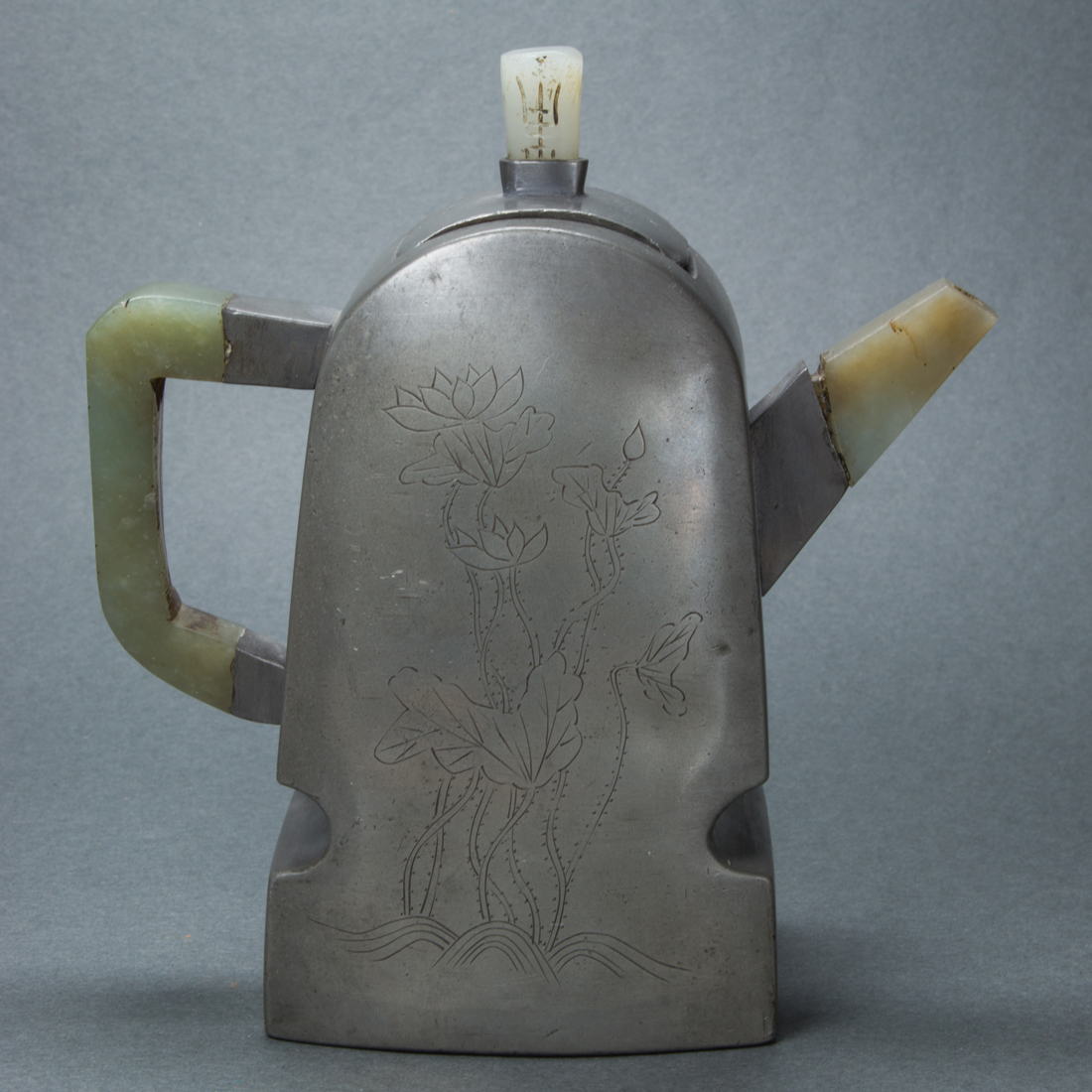 CHINESE JADE AND PEWTER TEAPOT