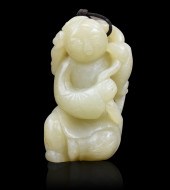 CHINESE JADE CARVED BOY HOLDIN