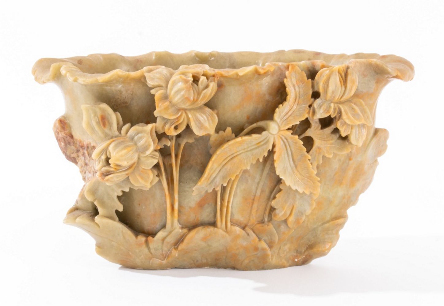 CHINESE JADE IRIS-CARVED LOTUS BOWL