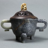CHINESE JADE TRIPOD CENSER AND