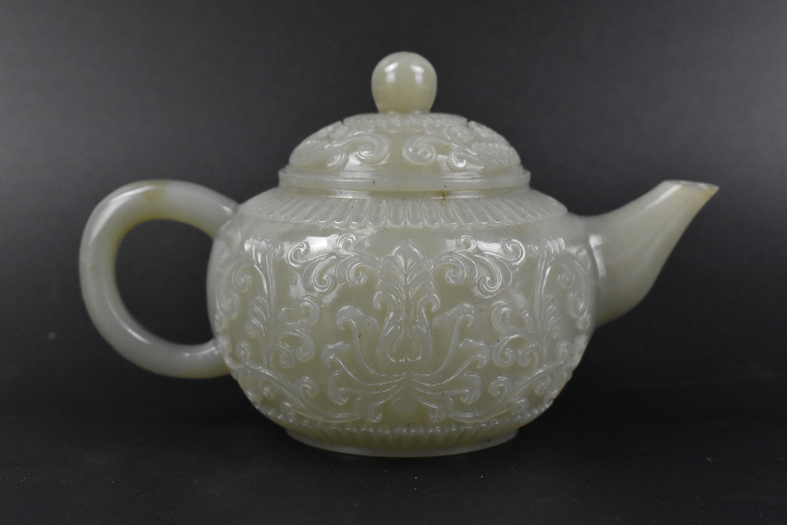 CHINESE JADEITE CARVED TEAPOT &