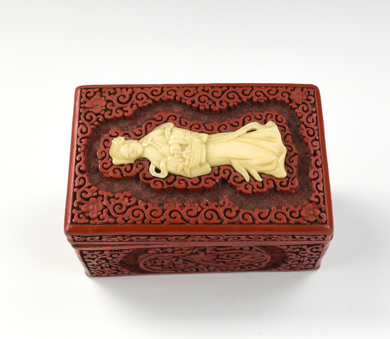CHINESE LACQUER COVERED BOX W/ BONE