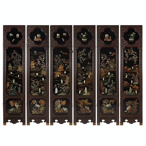 CHINESE LACQUER JADE 6-PANEL SCREEN