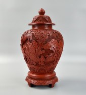 CHINESE LACQUER WOOD JAR W/ CO