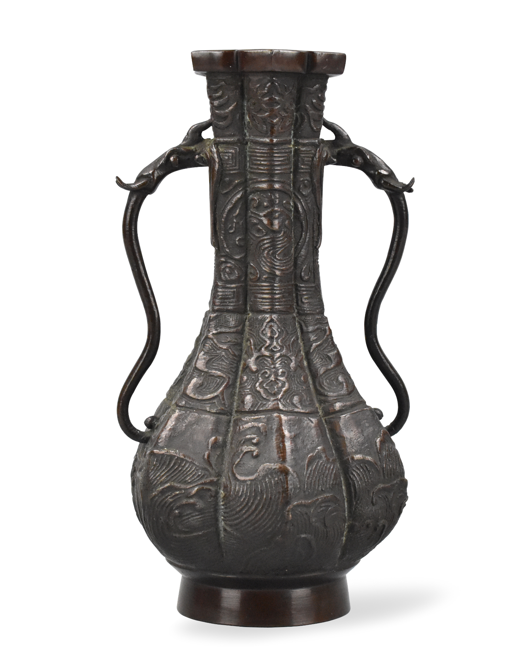 CHINESE LOBED BRONZE VASE W DRAGON,