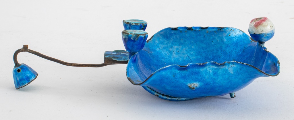 CHINESE LOTUS ENAMELED HANDLED DISH