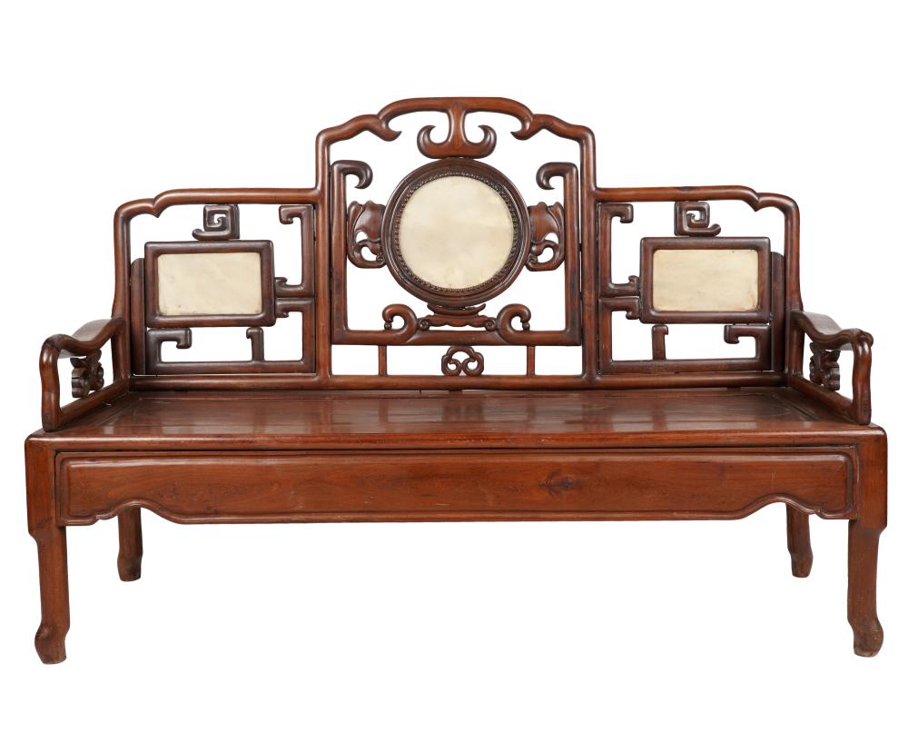 CHINESE MARBLE-INSET CARVED WOOD