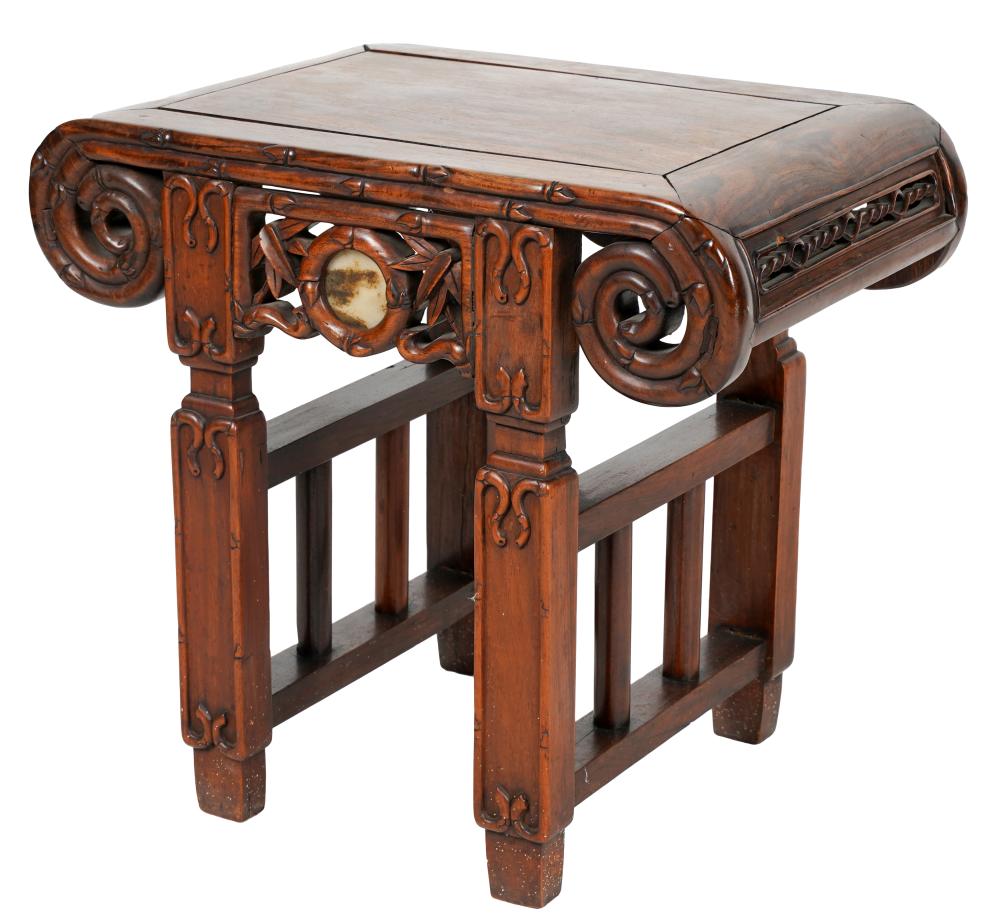 CHINESE MARBLE-INSET CARVED WOOD