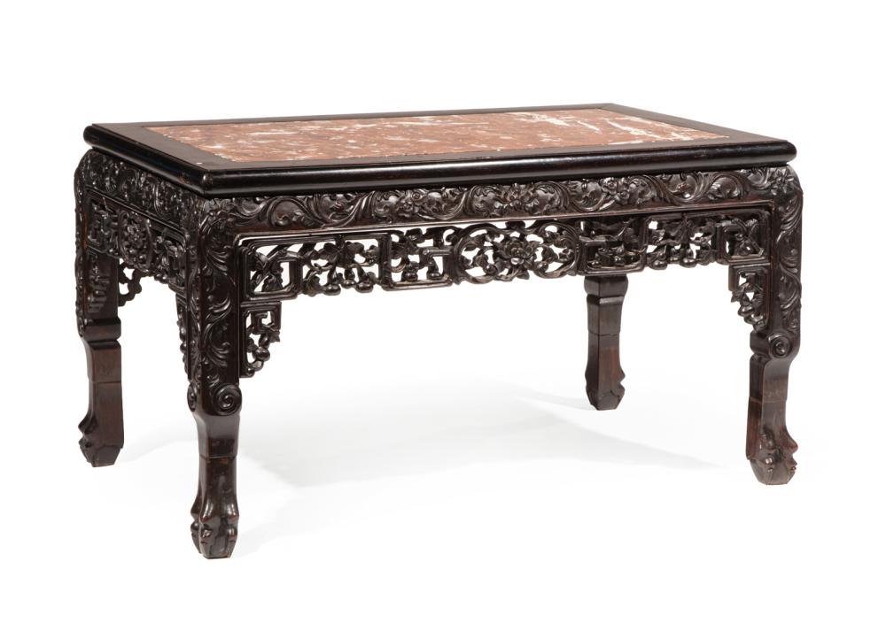 CHINESE MARBLE-INSET HARDWOOD LOW