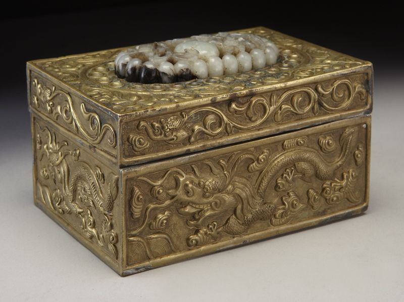 Chinese Ming jade inset brass box
