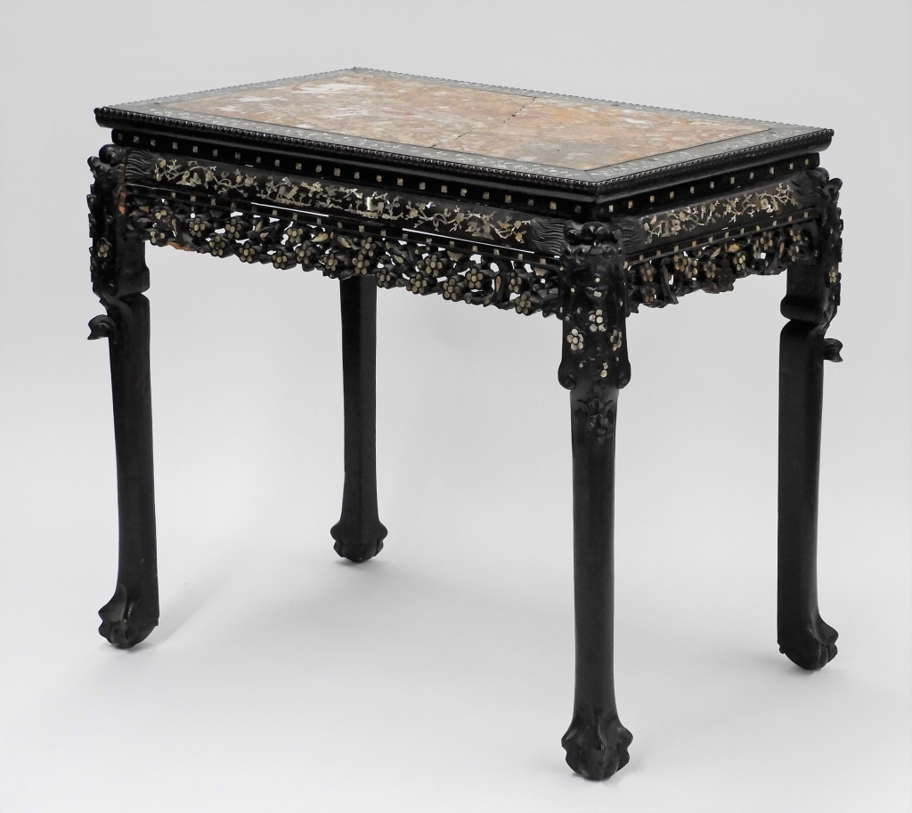 CHINESE MOP INLAID MARBLE TOP TABLE