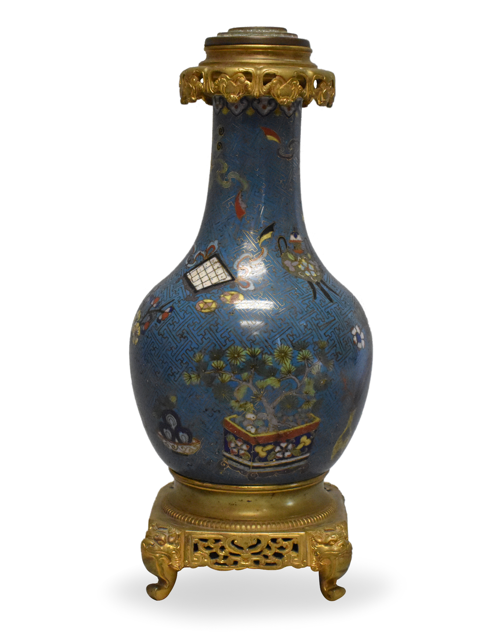 CHINESE MOUNTED CLOISONNE VASE W/