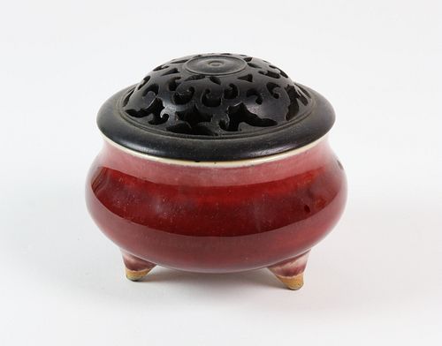 CHINESE OXBLOOD TRIPOD CENSER, LATE