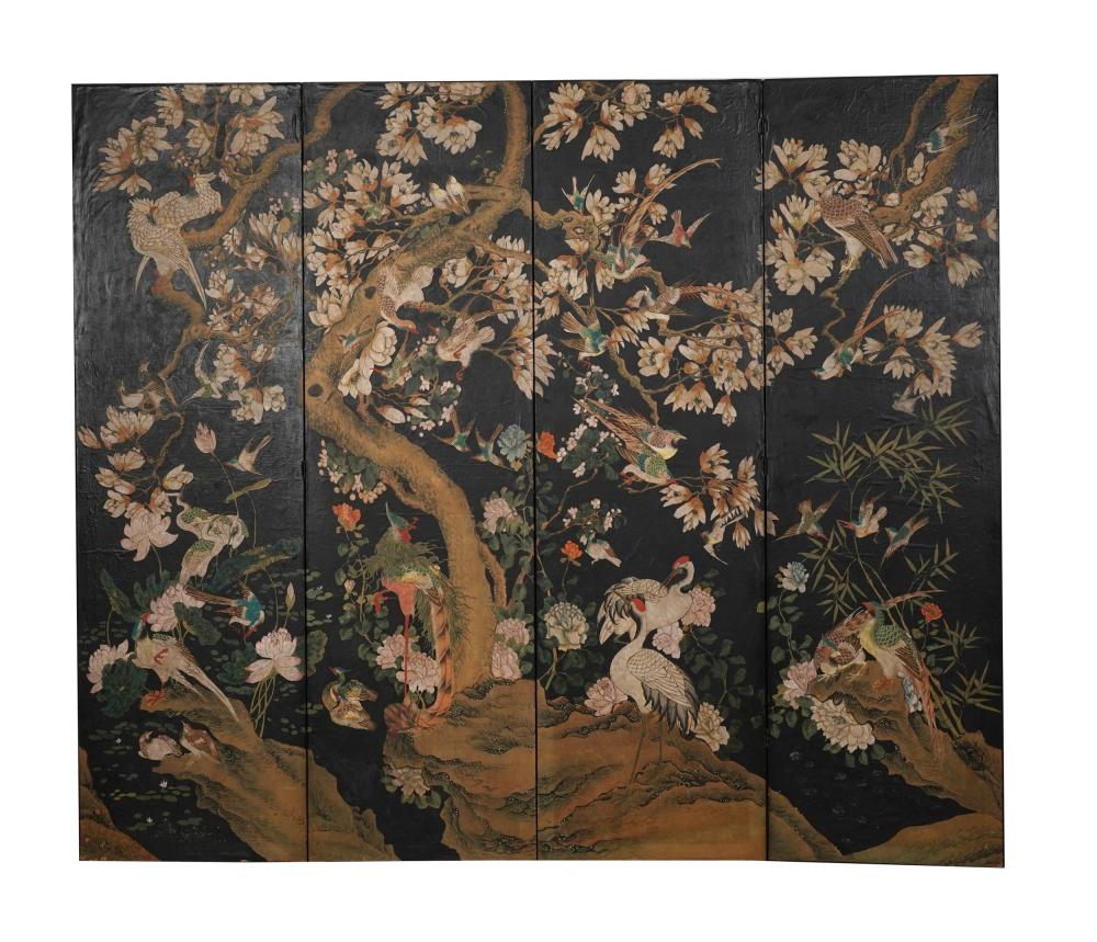 CHINESE PAINTED CANVAS FOUR-FOLD