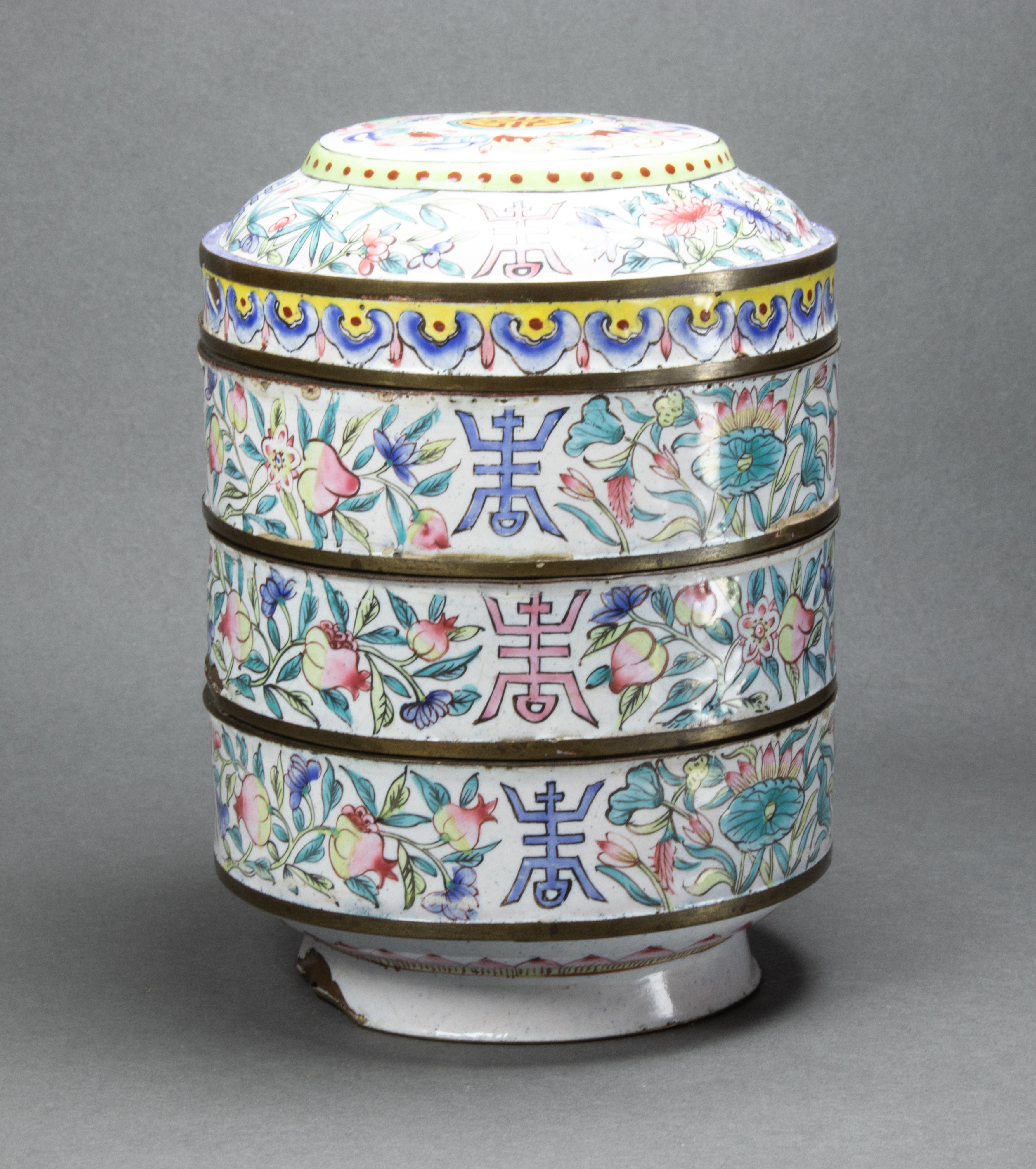 CHINESE PAINTED ENAMEL THREE-TIERED